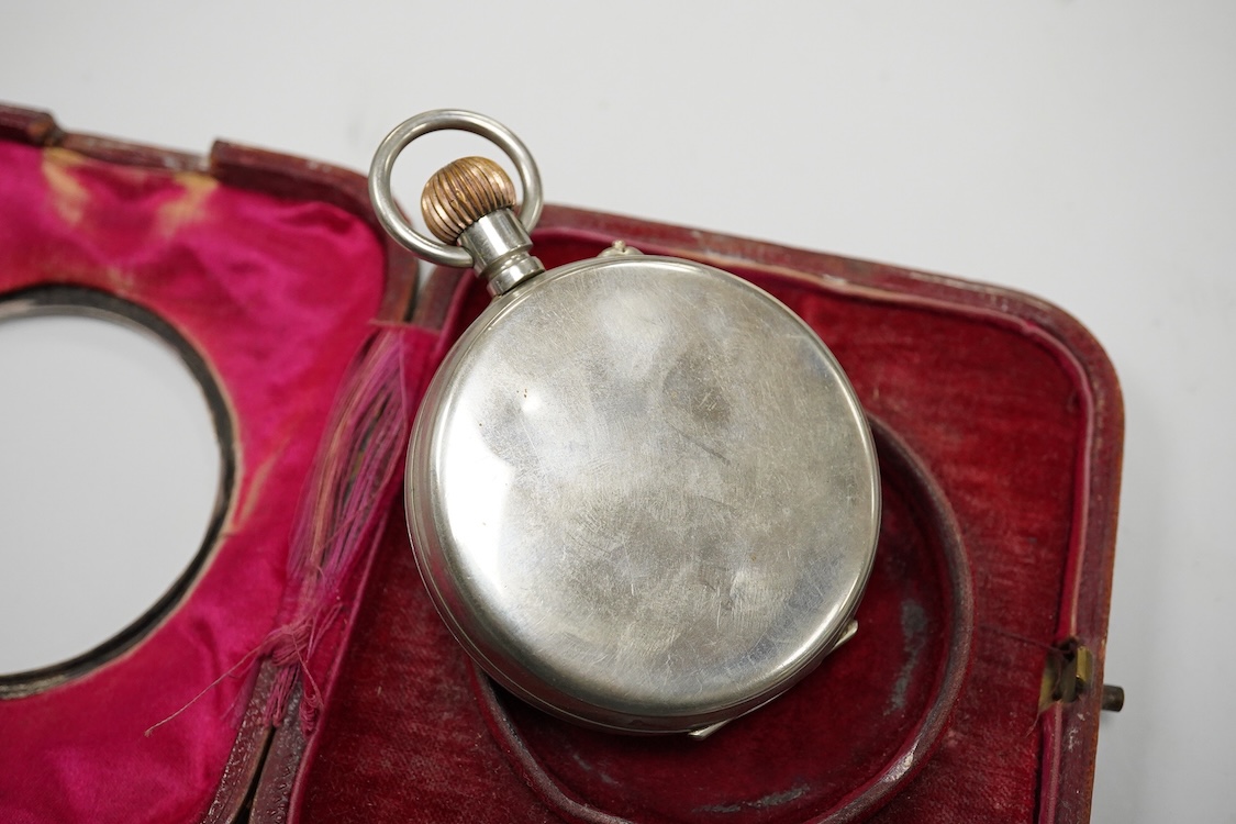 Two Edwardian silver mounted leather travelling watch cases, Chester 1905 and Birmingham, 1907, both containing a chrome cased keyless pocket watch.